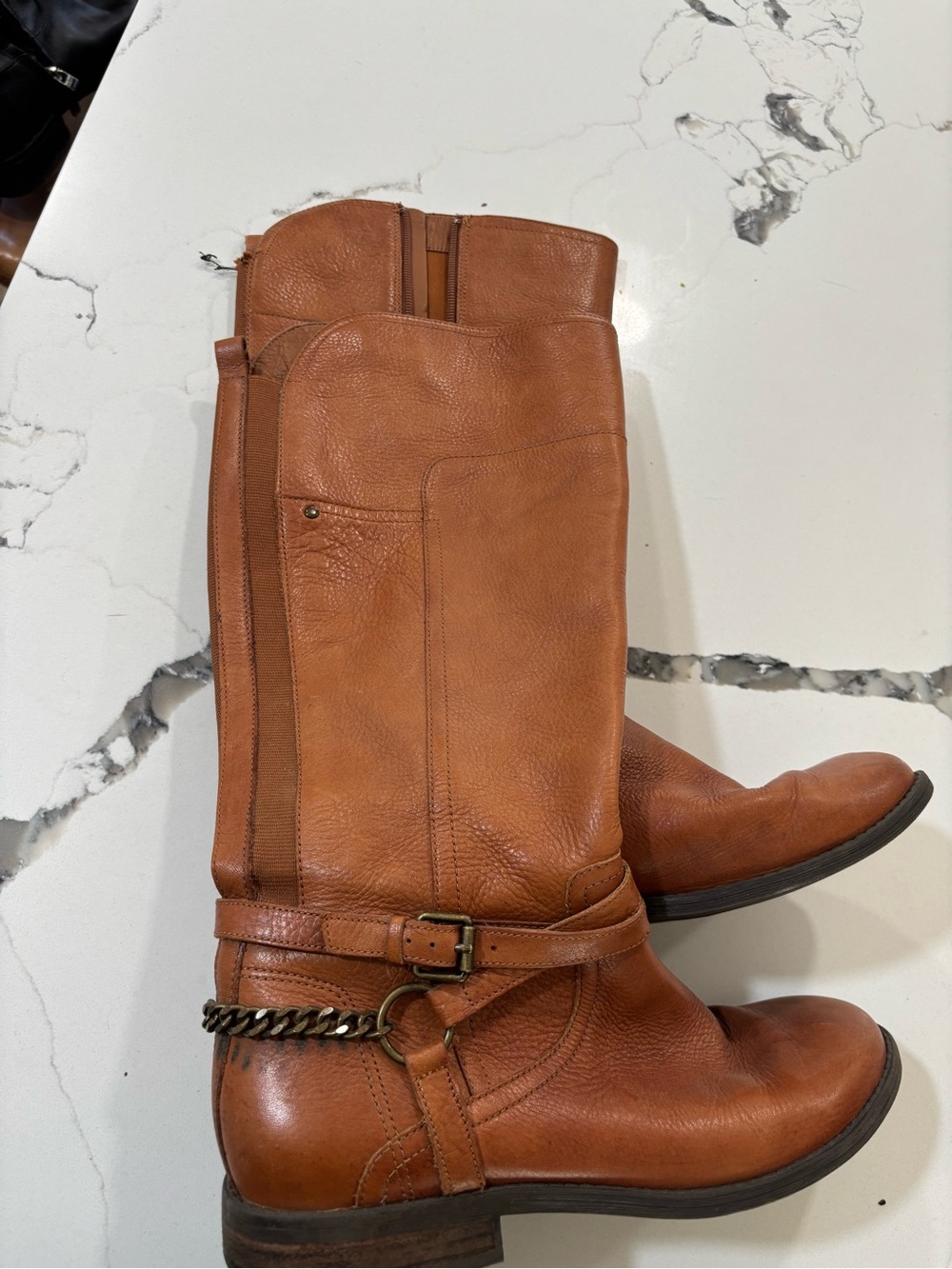 Marc Fisher Cognac Leather Mid-Calf Heeled Boots with Chain Accent